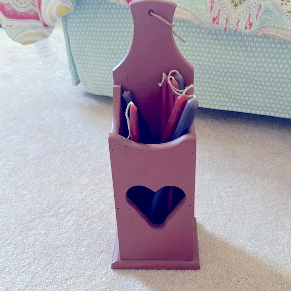 Candle box primitive handmade Barn Red Colonial heart cutout, open, rope loop